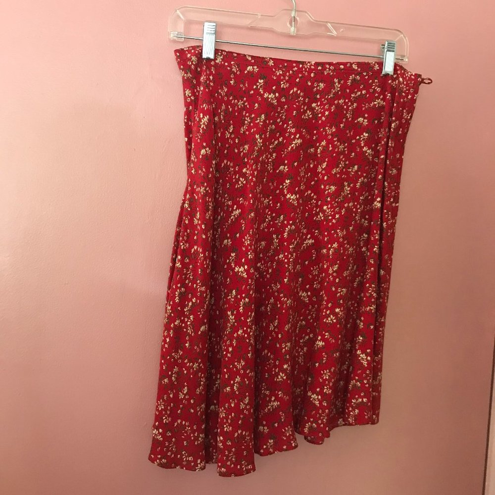 Flared Skirt Red Background Knee Length.  Express, Medium, Rayon.
